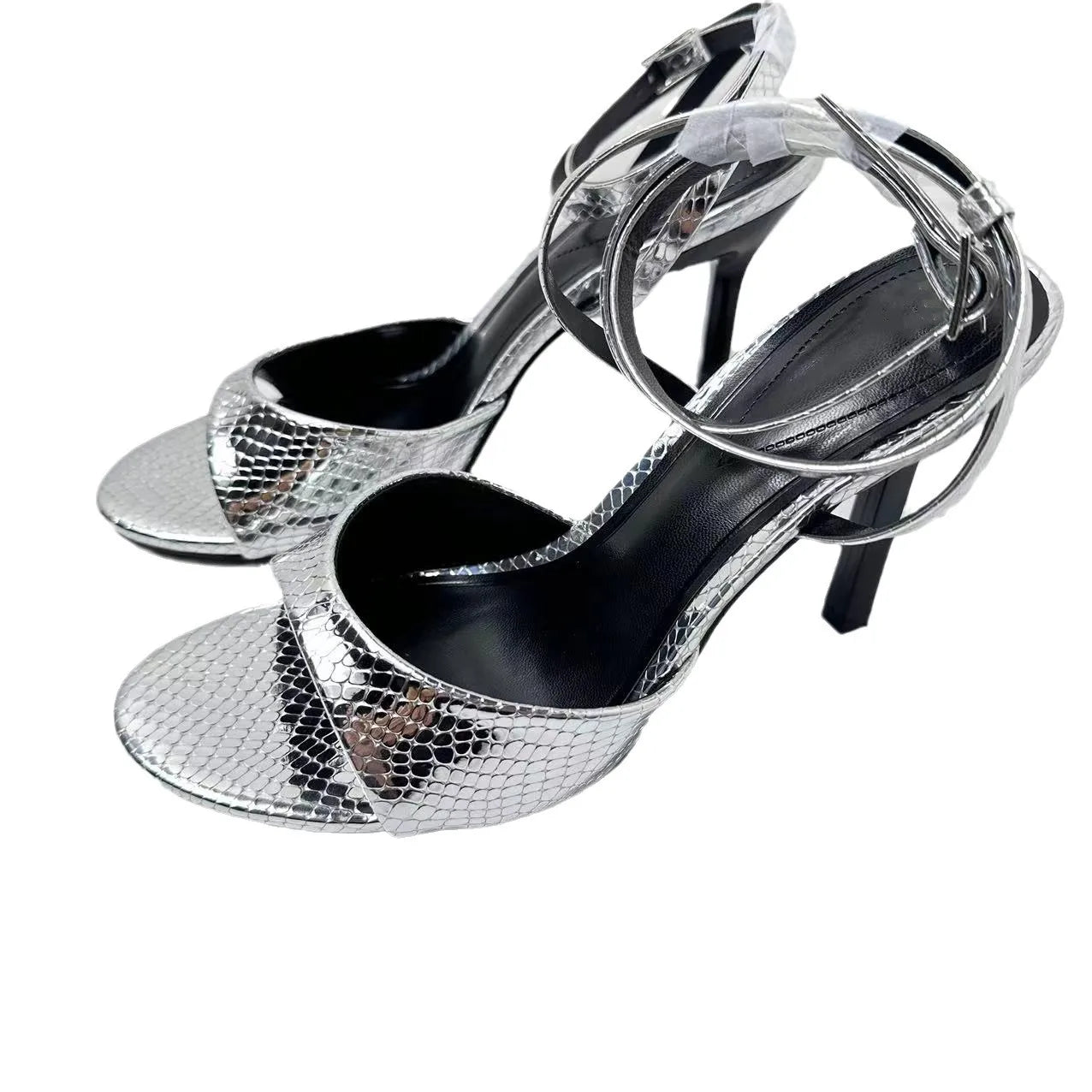 New 2024 Women's Shoes Fashion Temperament Silver Crack Ankle Strap Thin Round Head High-heeled Sandals Women.