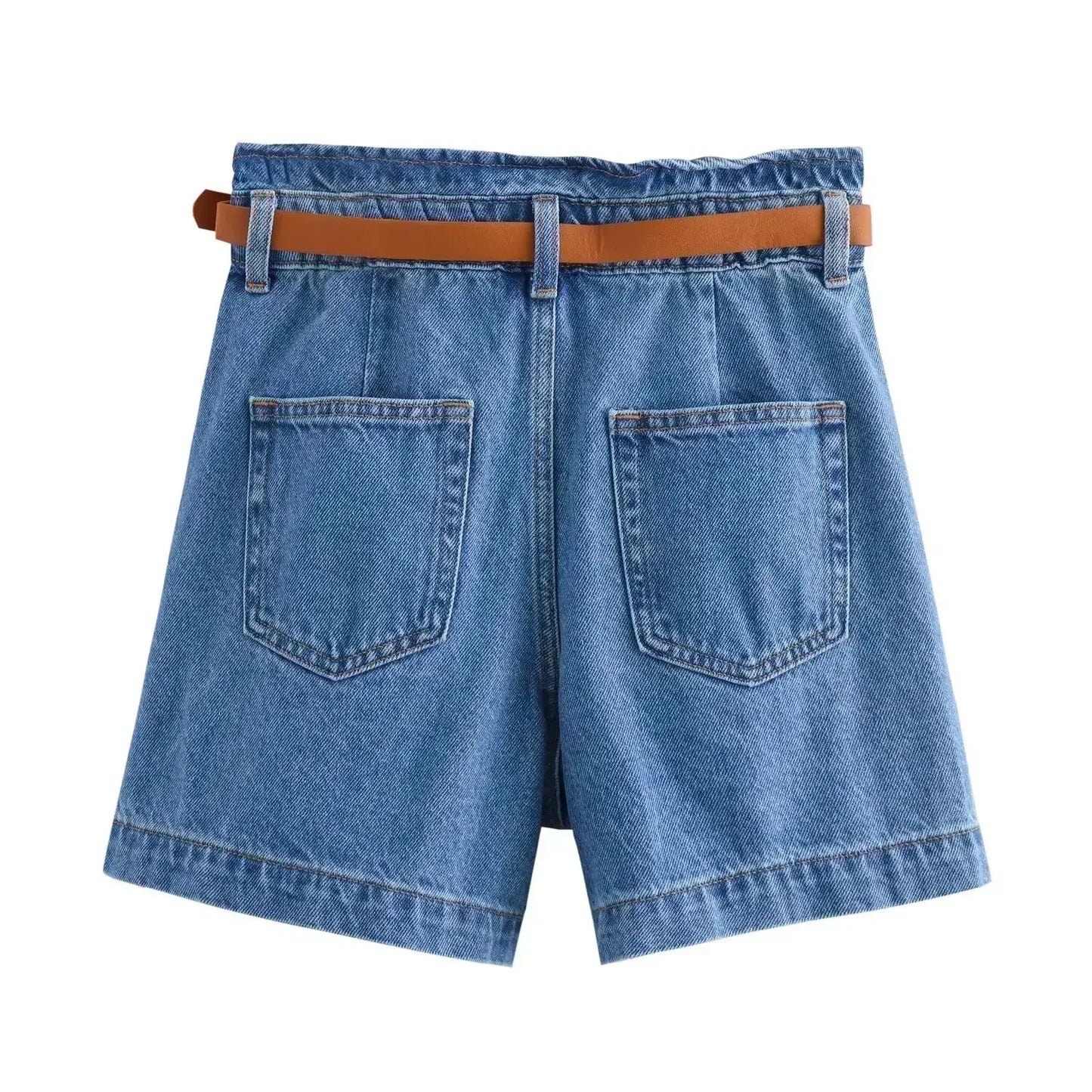 22 Women's New Chic Fashion With Belt Pocket Decoration Loose Casual Denim Shorts Retro High Waist Zipper Women's Shorts