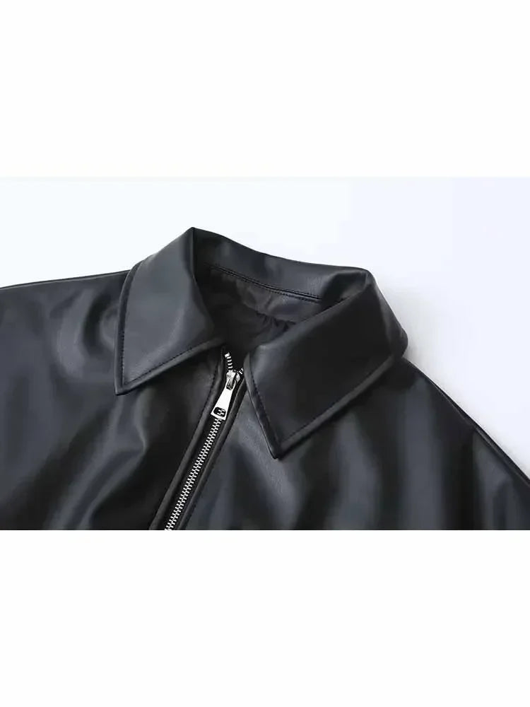 Women's new fashion flap pocket decoration casual black Lapel Faux Leather jacket coat retro long sleeved women's coat chic top