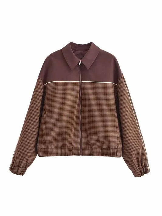 Women's new Fashion loose side pocket casual checkered patchwork jacket Coat retro long sleeved zipper women's Coat chic top