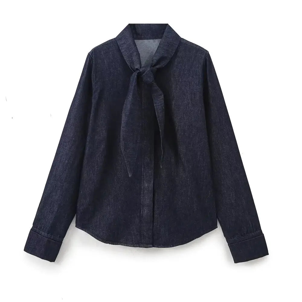 Women's new fashion bow tie decoration casual versatile single breasted denim shirt retro long sleeved women's shirt chic top