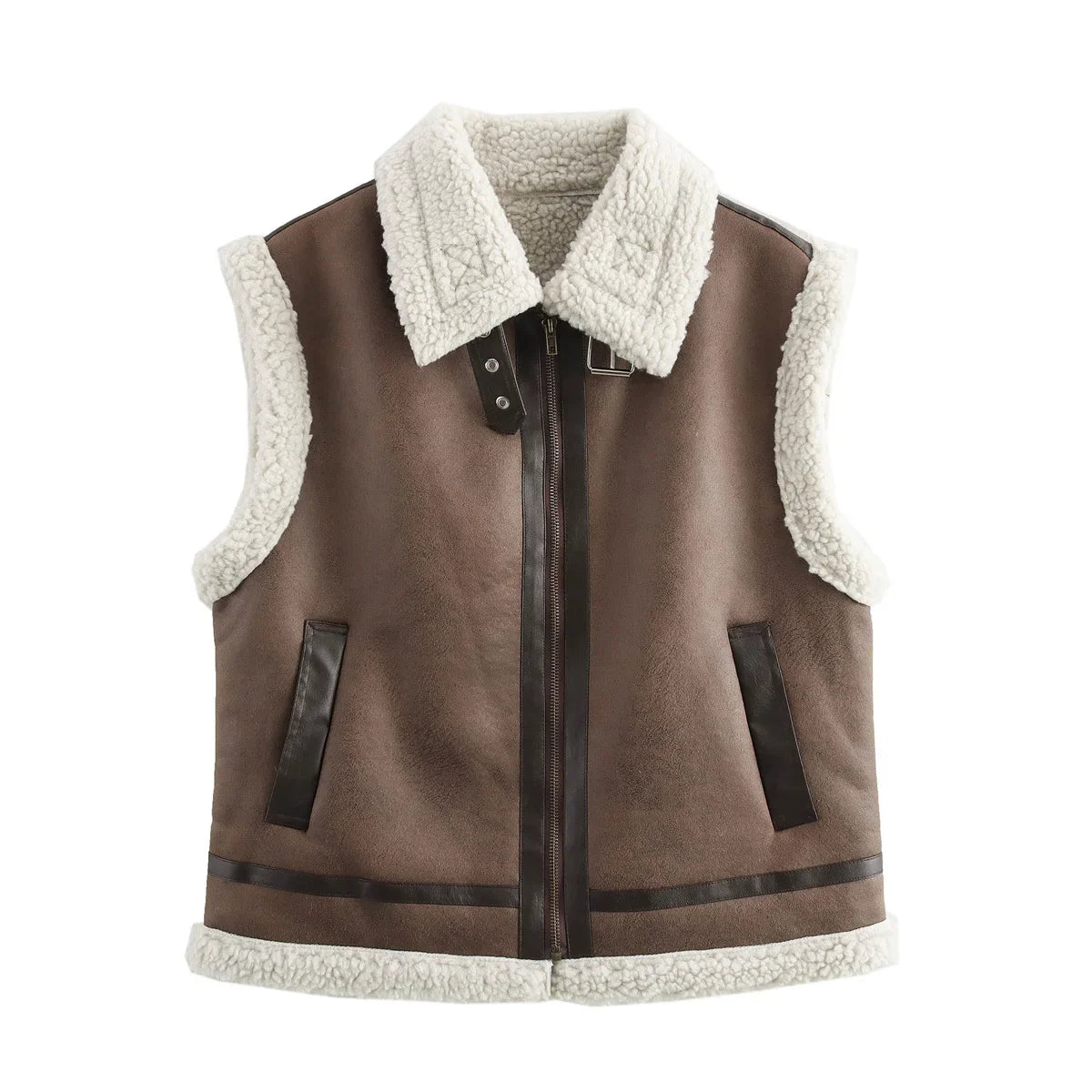 Women's New Fashion Loose Side Pocket Casual Warm Fur Faux Leather Jacket Vest Retro Sleeveless Zipper Women's Vest Chic Top