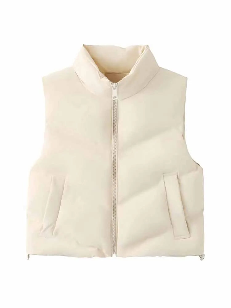 Women's winter fashion Loose side pocket short warm stand collar cotton vest coat retro sleeveless zipper women's vest chic top