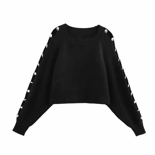 Women's new fashion metal decoration short opening design O Neck knitted sweater retro long sleeved women's pullover chic top