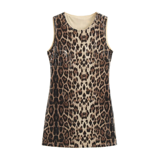 Women's new fashion sequin decoration slim animal print striped mini dress retro O-Neck sleeveless women's dress Mujer