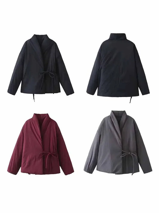 Women's winter Fashion side pocket warm kimono style Stand collar cotton coat retro long sleeved lace up women's coat chic top