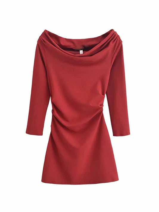 Women's new Fashion pleated decoration sexy slim off shoulder mini dress retro long sleeved women's dress Mujer