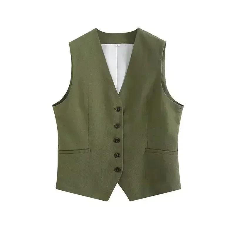 Women New Fashion Linen Cropped Customized Casual Vest Vintage V Neck Button-up Female Waistcoat Chic Tops + shorts Women's suit