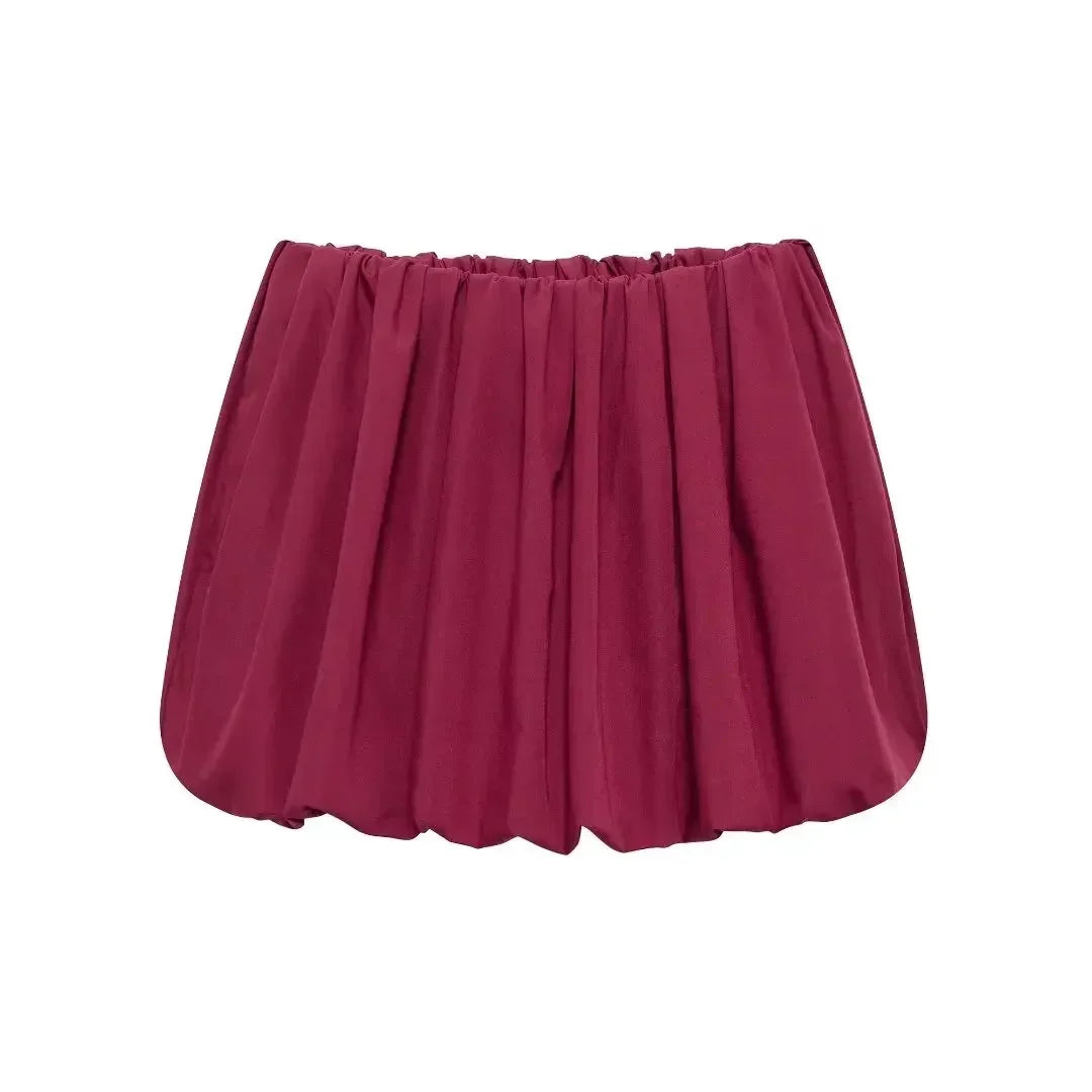 Women's new fashion two-piece style balloon version casual Versatile solid pleated mini skirt retro high waisted women's skirt