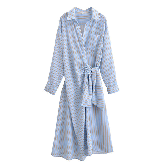 Women's new fashion shirt style striped lace up MIDI dress