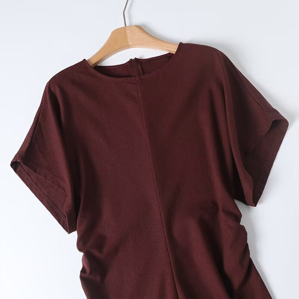 Women's new fashion pleated waist cinched O Neck short sleeved MIDI dress