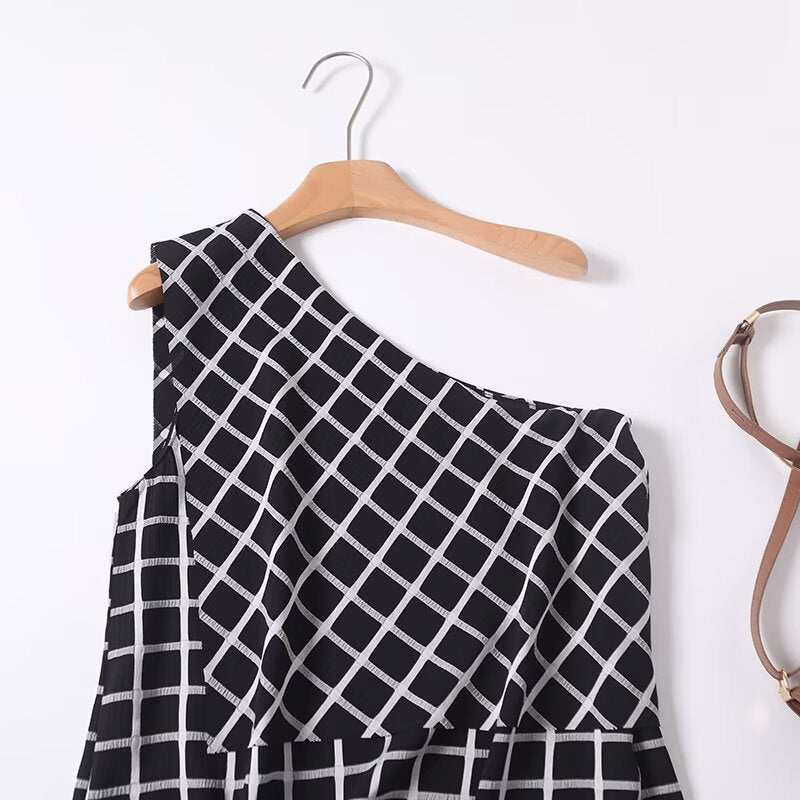 Women's new fashion plaid sloping shoulder sleeveless top