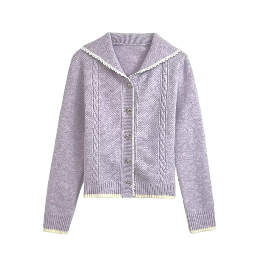 Women's new fashion patchwork lace Bow tie buckle knitted cardigan