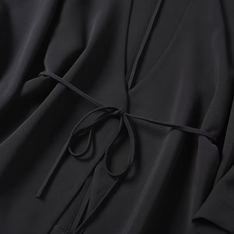 Women's new fashion black draped V-neck lace up shirt