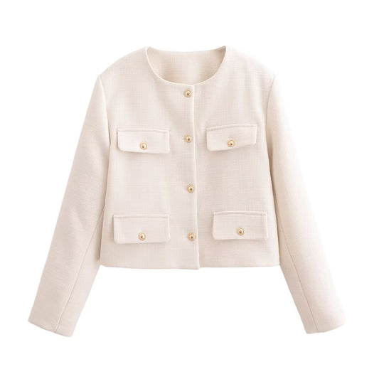 Women's New Short Coarse textile O Neck Coat