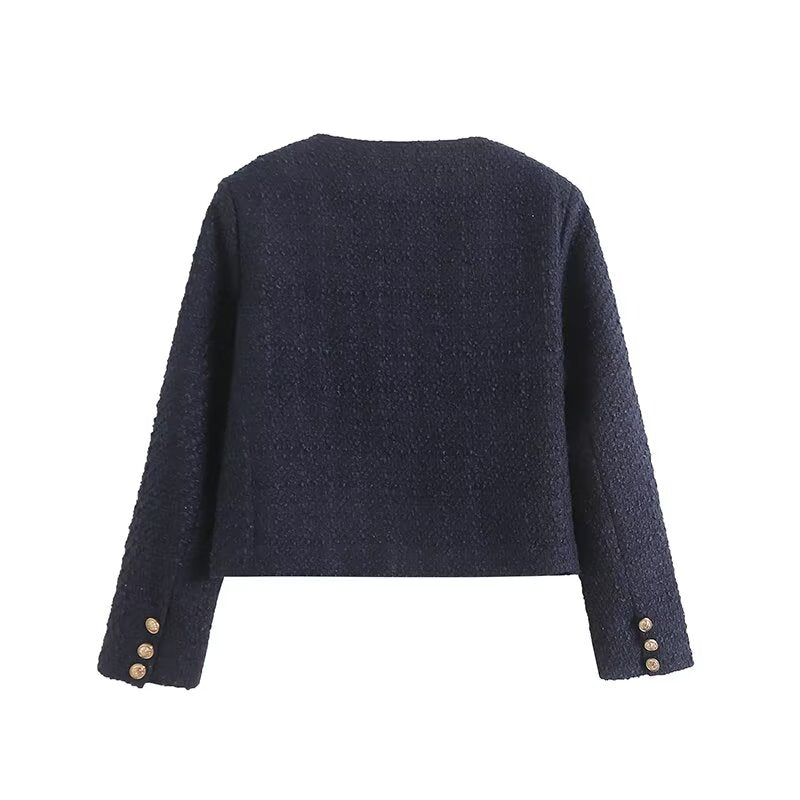 Women's gold button decoration short O Neck textured Coat