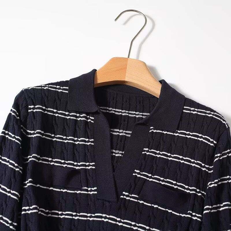 Women's New Fashion Casual Striped Mid Sleeve Knitted Top