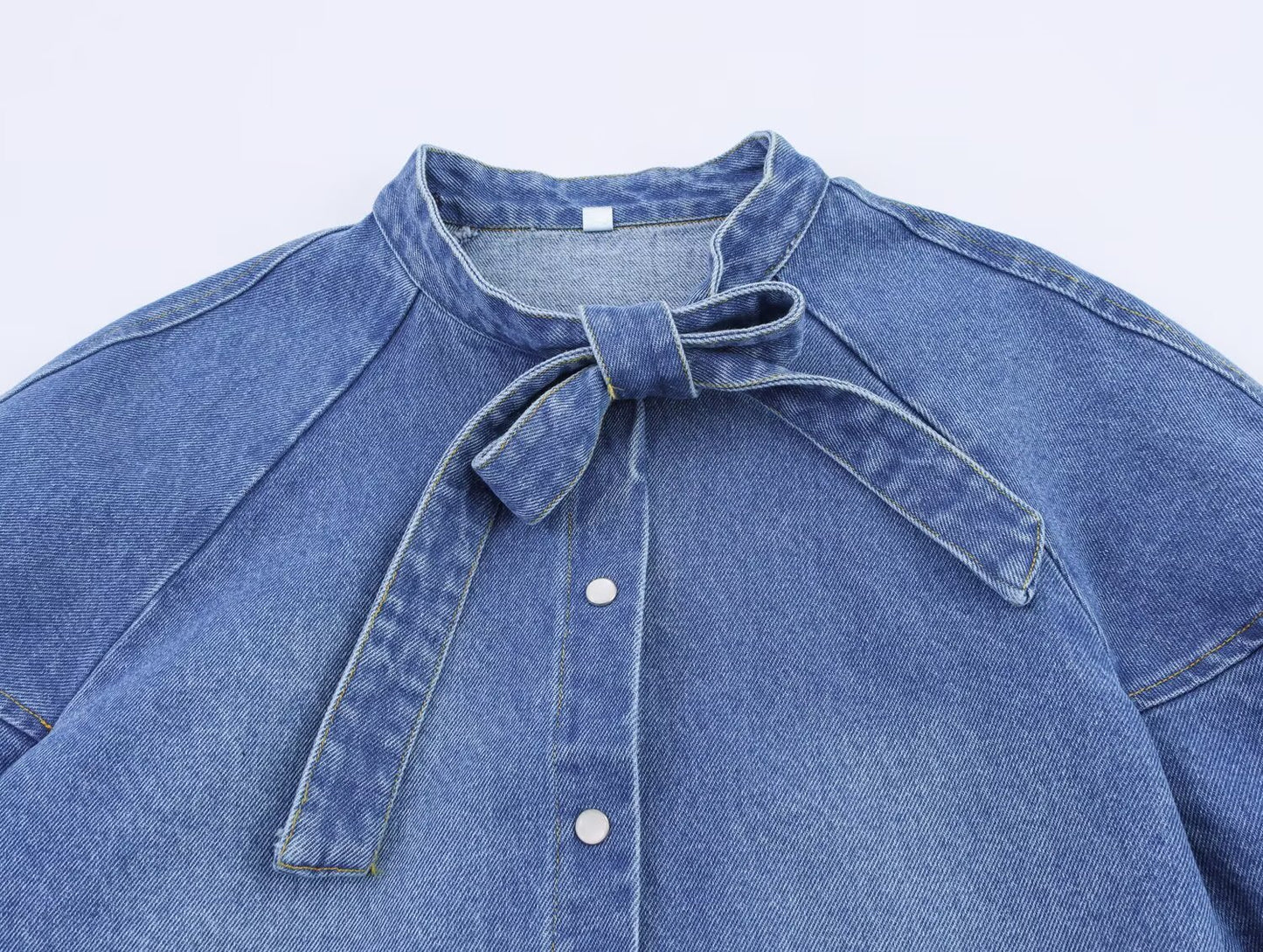 Women's new fashion bow decoration short sleeved denim shirt+Skirts suit