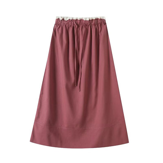 Women's Fashion Elastic Waist Drawstring Casual Color blocked Midi Skirt