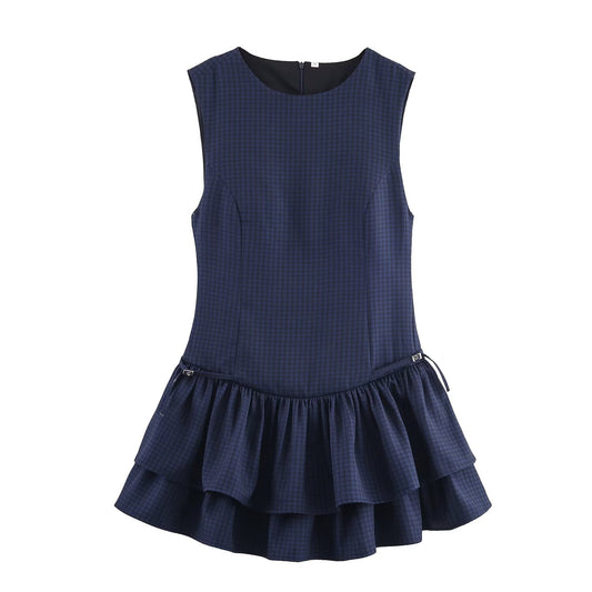 Women's new layered decoration sleeveless plaid mini dress