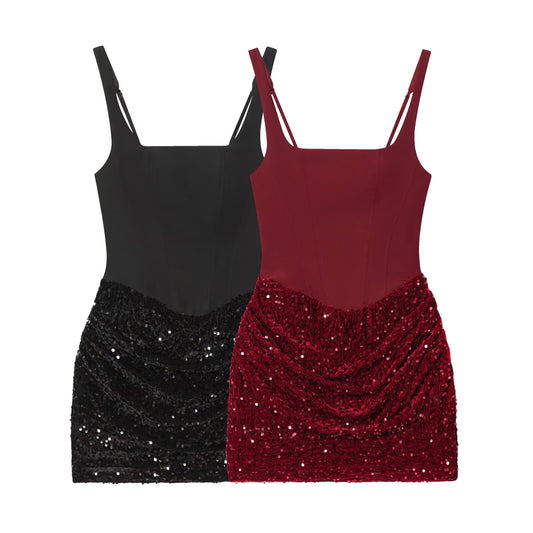 Women's sequin wrapped hip suspender mini dress