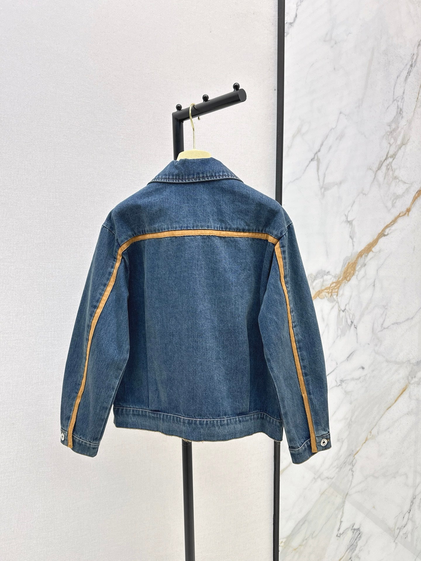 Women's split leather decorative denim fabric off-the-shoulder jacket coat+trousers