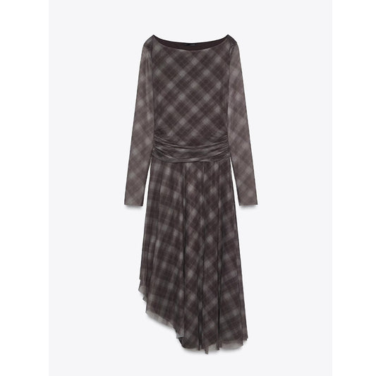 Women's 2025 New Fashion Grid tulle Asymmetric Midi Dress