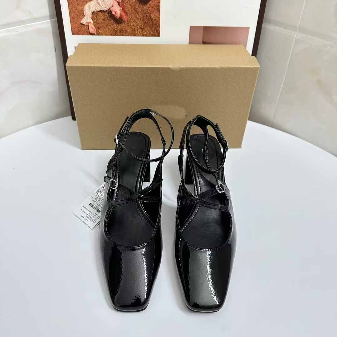 Women's shoes 2024 autumn new square toe shallow mouth thick heel low heel single shoes back strap black sandals for women