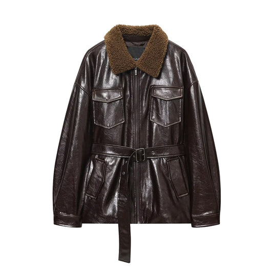 Women's with Belt Fur Faux Leather effect jacket Coat