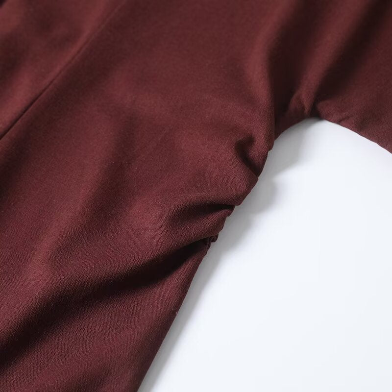 Women's new fashion pleated waist cinched O Neck short sleeved MIDI dress