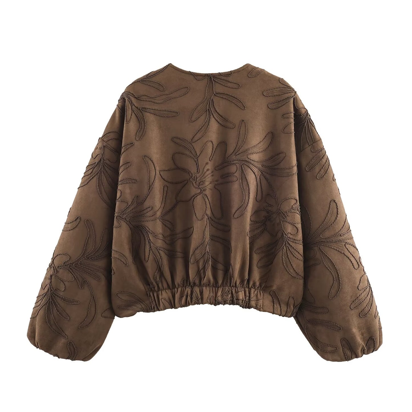 Women's embroidered suede texture O Neck pilot jacket Coat