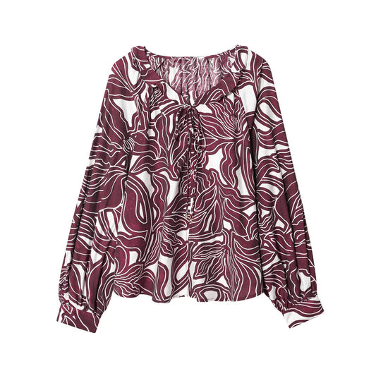 Women's new fashion lace up collar long sleeved printed shirts
