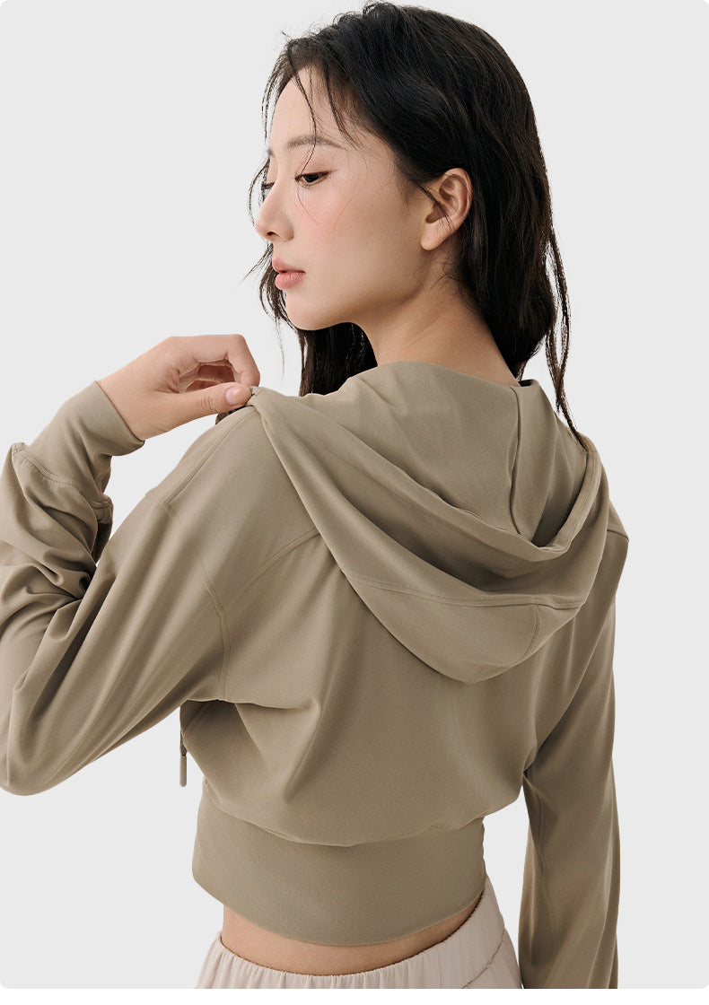 Women's short yoga coat with adjustable hat rope