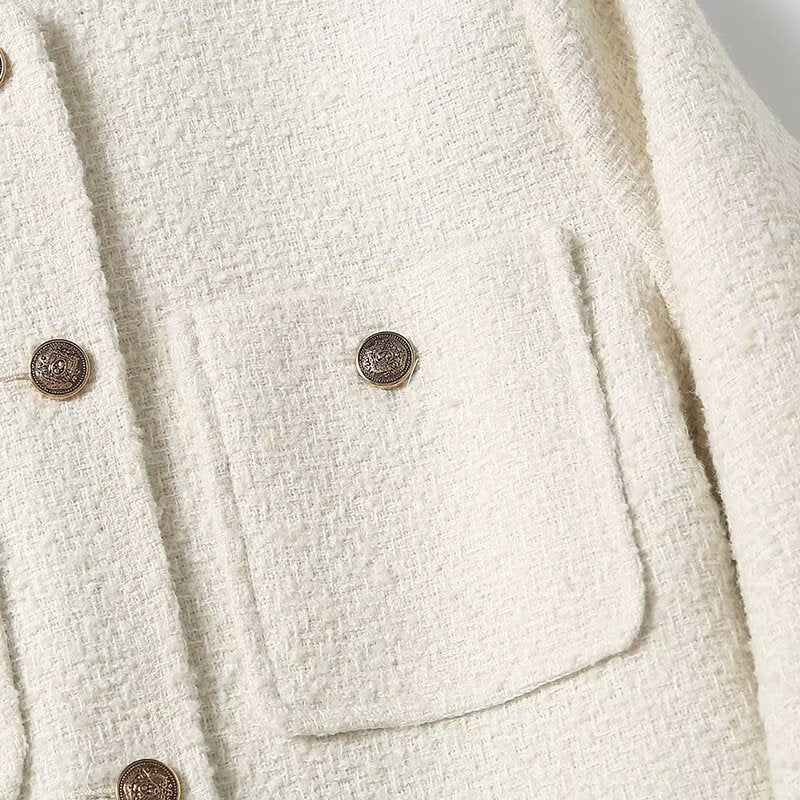 Women's gold button decoration casual O Neck Coat