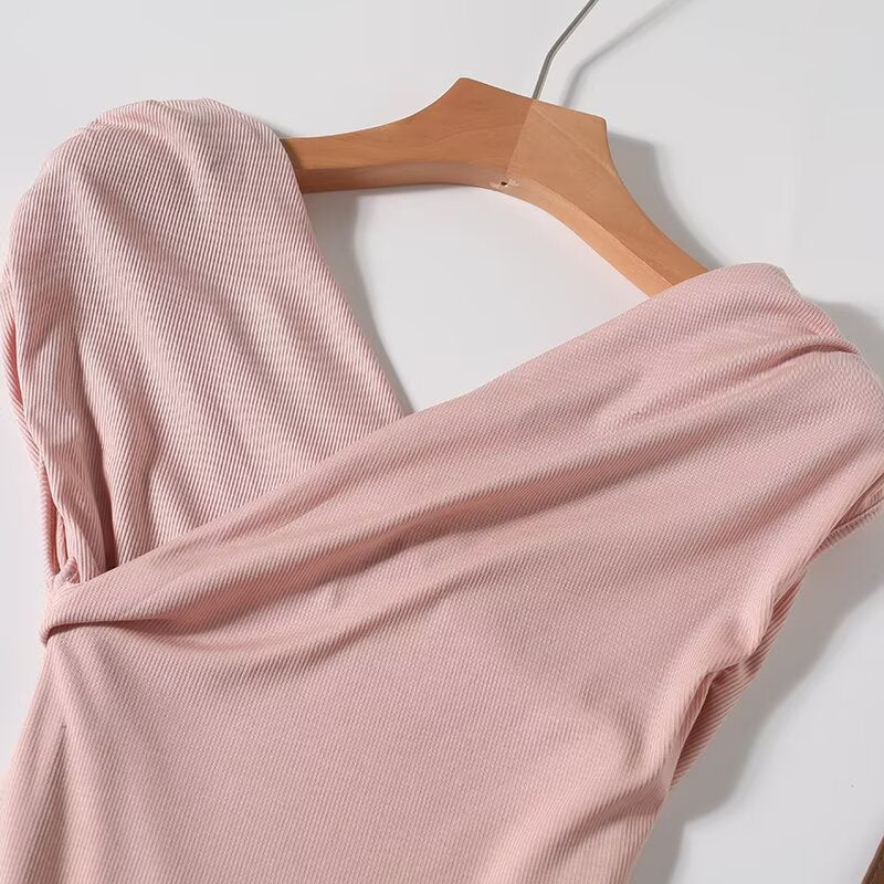Women's new fashion slim one shoulder V-neck T-shirt top