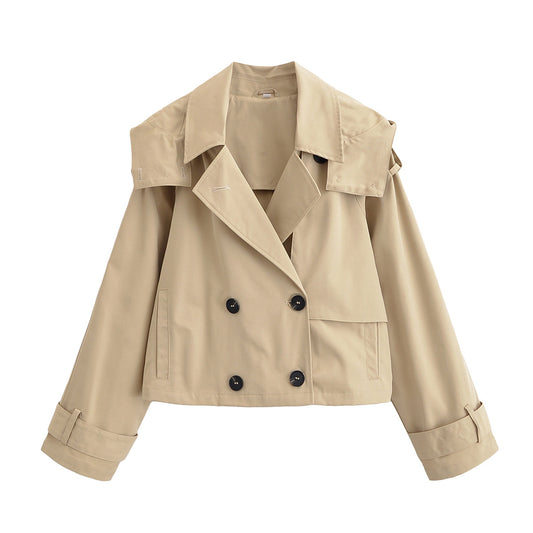 Women's new fashion hooded short double breasted windbreaker Coat