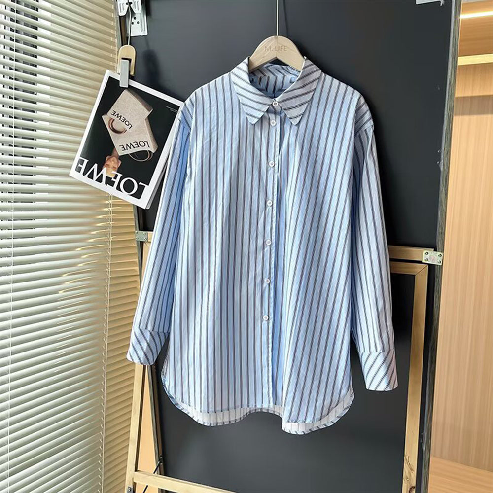 Women's new loose versatile striped long sleeved shirt