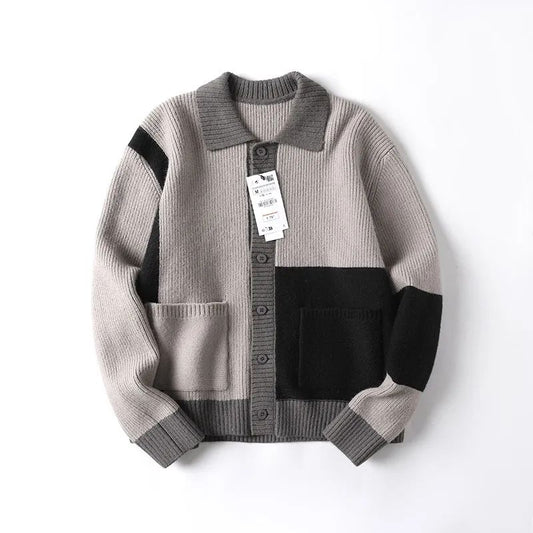 Men's New Fashion and Leisure Contrast Stitching Design Knitted Lapel Coat Specification Long Sleeve Button Knitted Coat