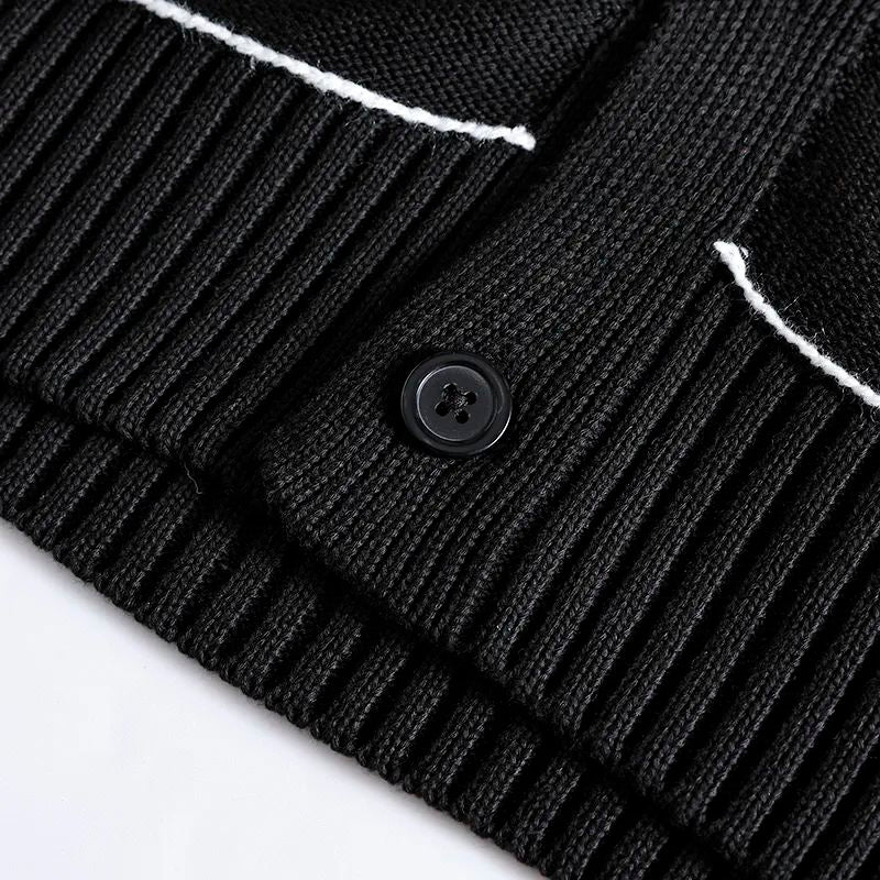 Men's New Fashion Casual Joker Loose Version Pocket Decoration V-neck Contrast Design Knitted Cardigan Sweater Coat