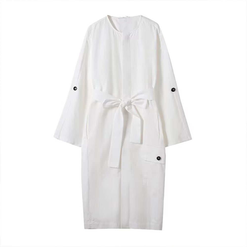 Women's new fashion with Belt round neck shirt style MIDI dress