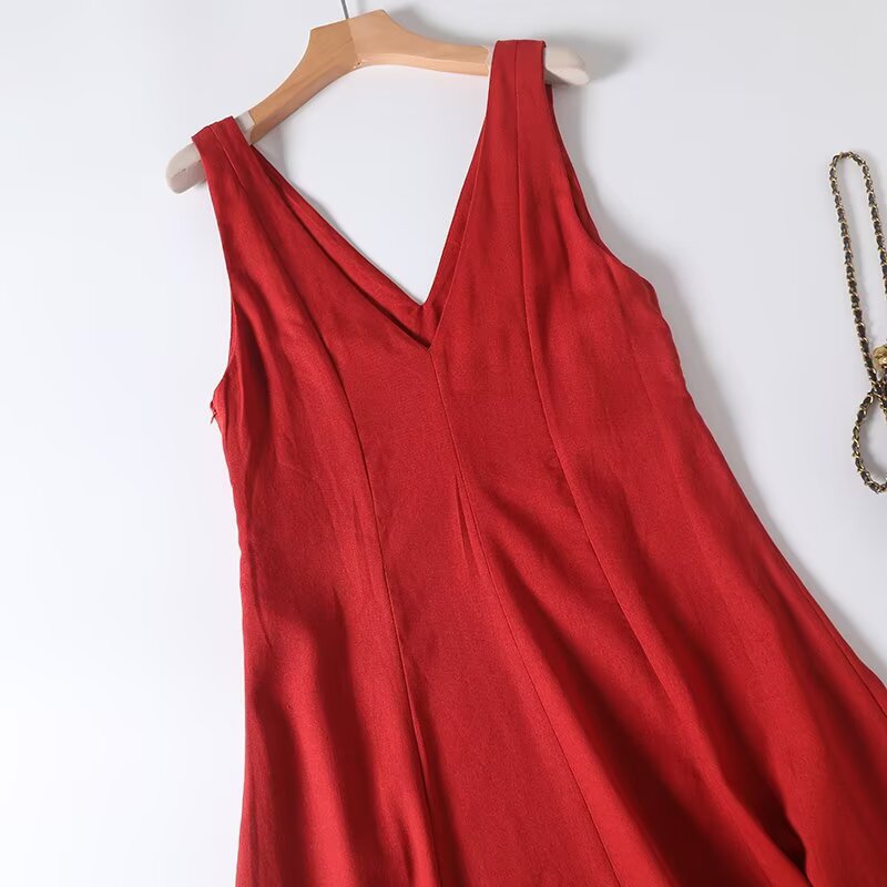 Women's New Fashion Linen Blended V-neck Wide Swing Midi Dress