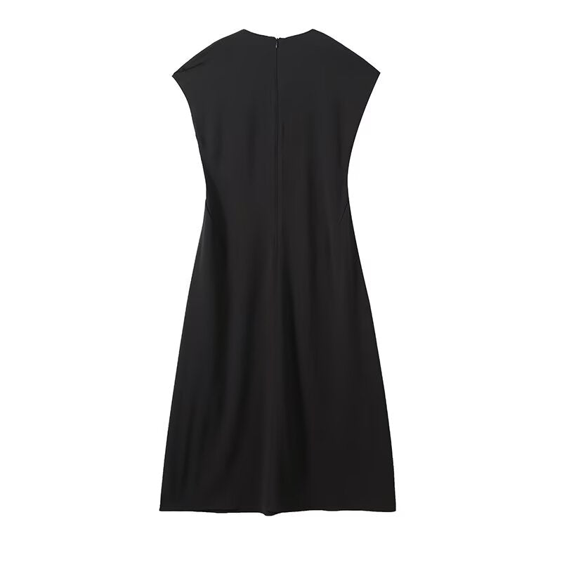 Women's 2025 new fashion black slim V-neck MIDI dress