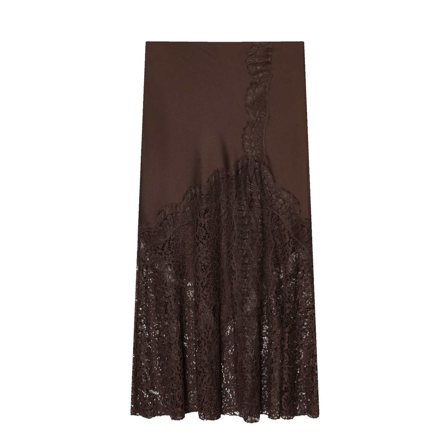 Women's lace hem satin texture MIDI skirt