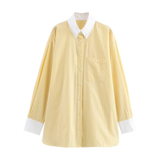 Women's new fashion pocket decoration loose patchwork striped shirt casual single breasted shirt retro long sleeved women's shirt chic top