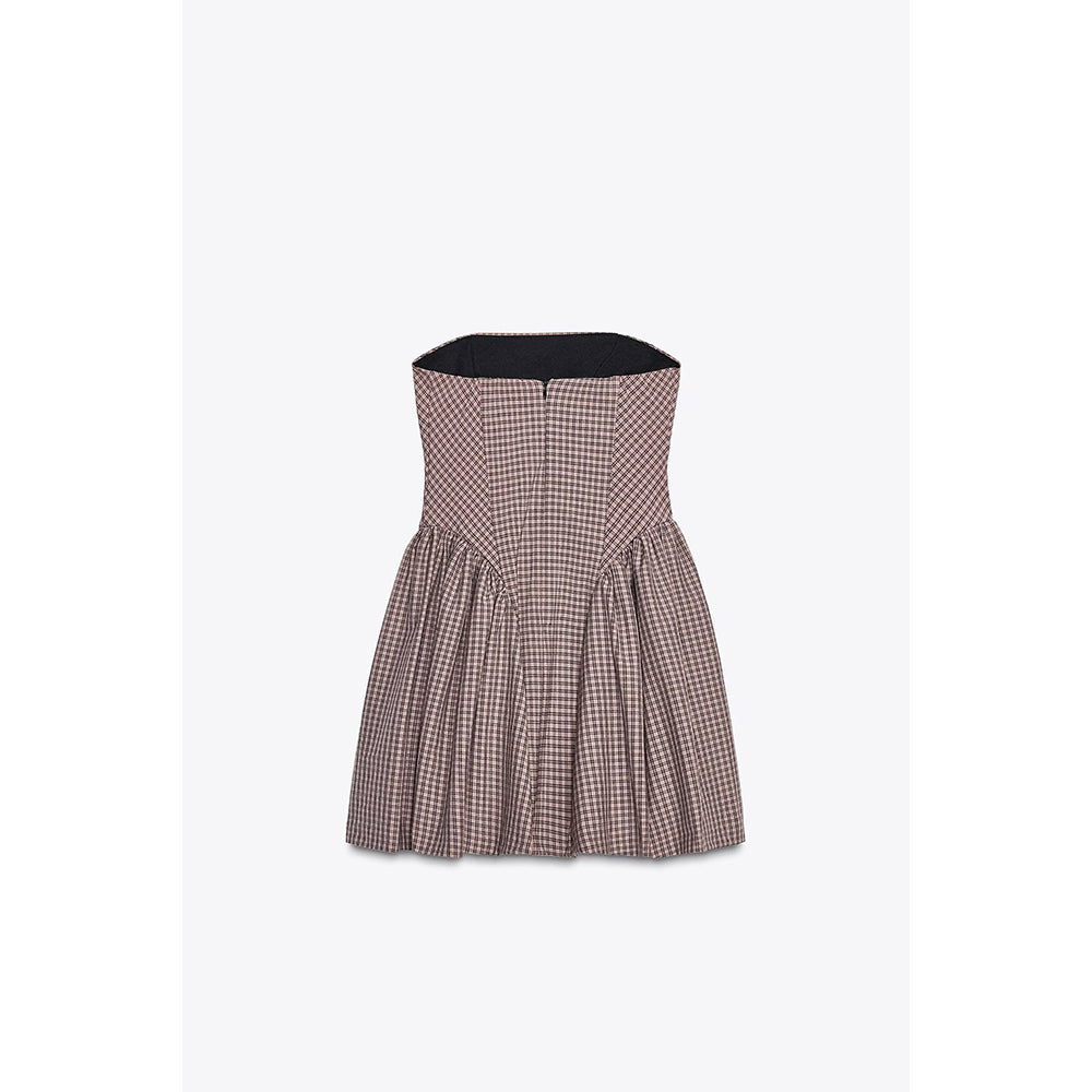 Women's new fashion pleated design plaid strapless mini dress