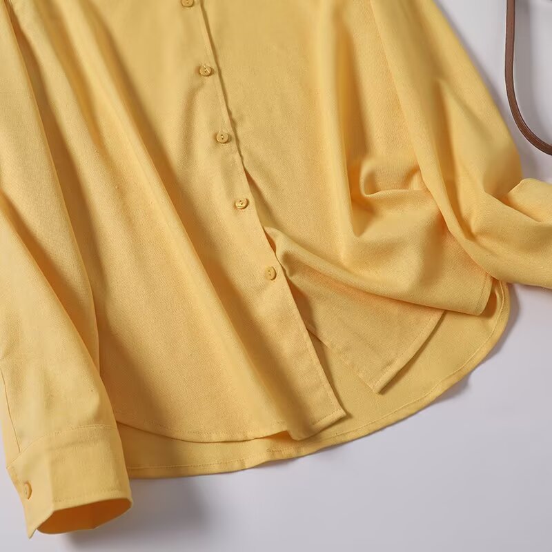 Women's new fashion long sleeved lapel cotton linen blend shirt