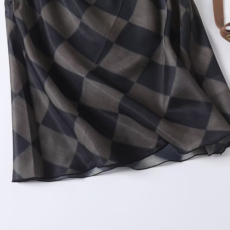 Women's 2025 new fashion sleeveless plaid hanging neck top+Skirts suit