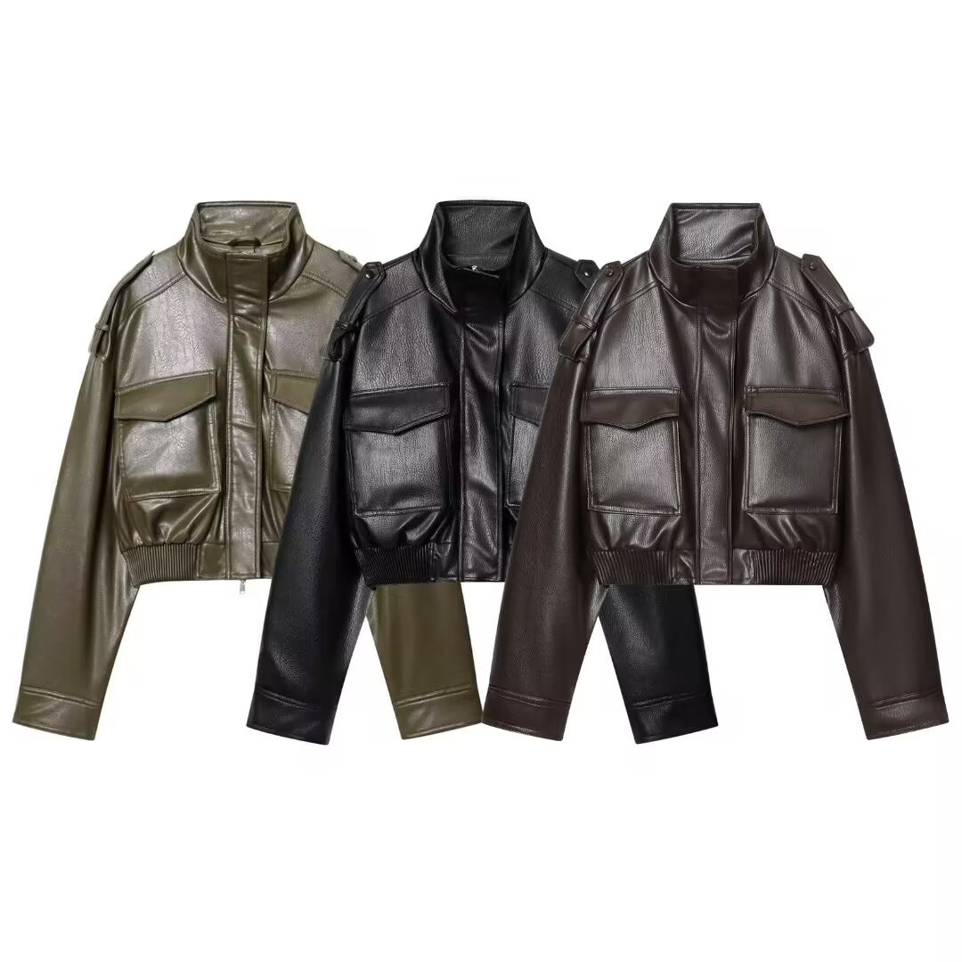 Women's new fashion faux leather effect short stand collar jacket Coat
