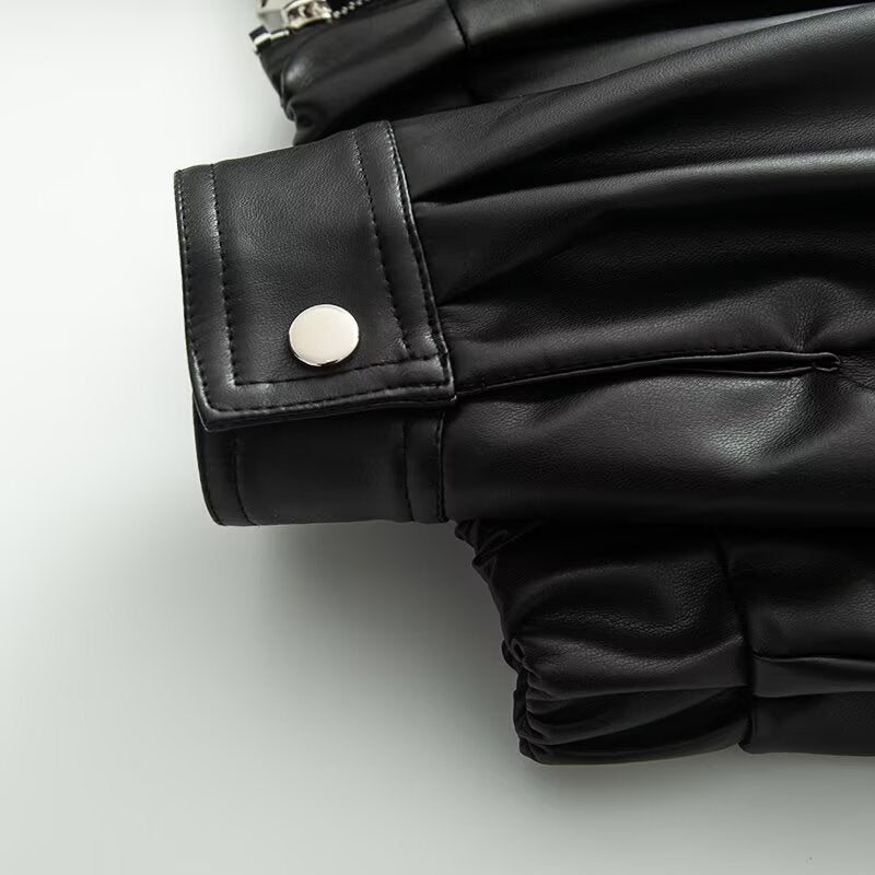 Women's patchwork hooded PU leather jacket Coat