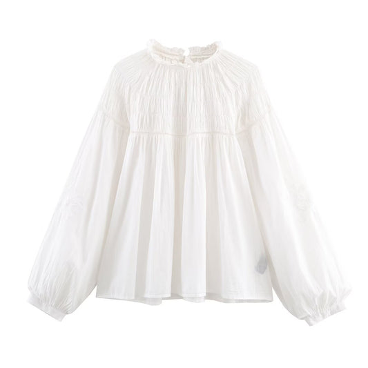 Women's embroidery decoration loose pleated shirt